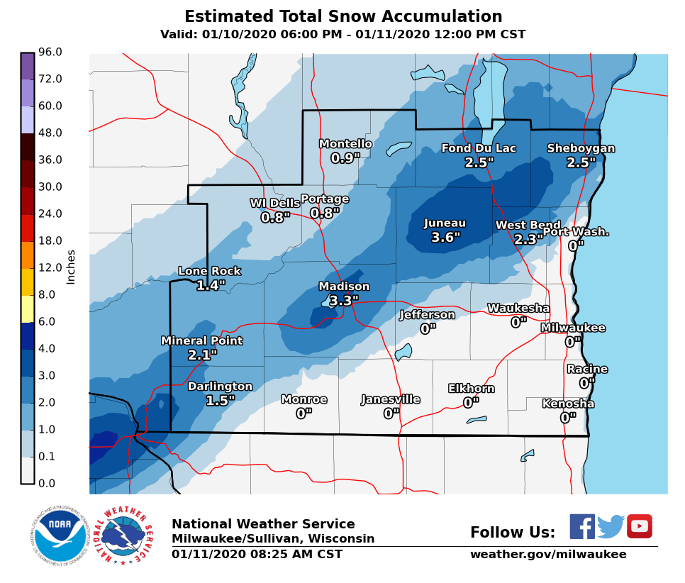 Snow totals overnight by National Weather Service